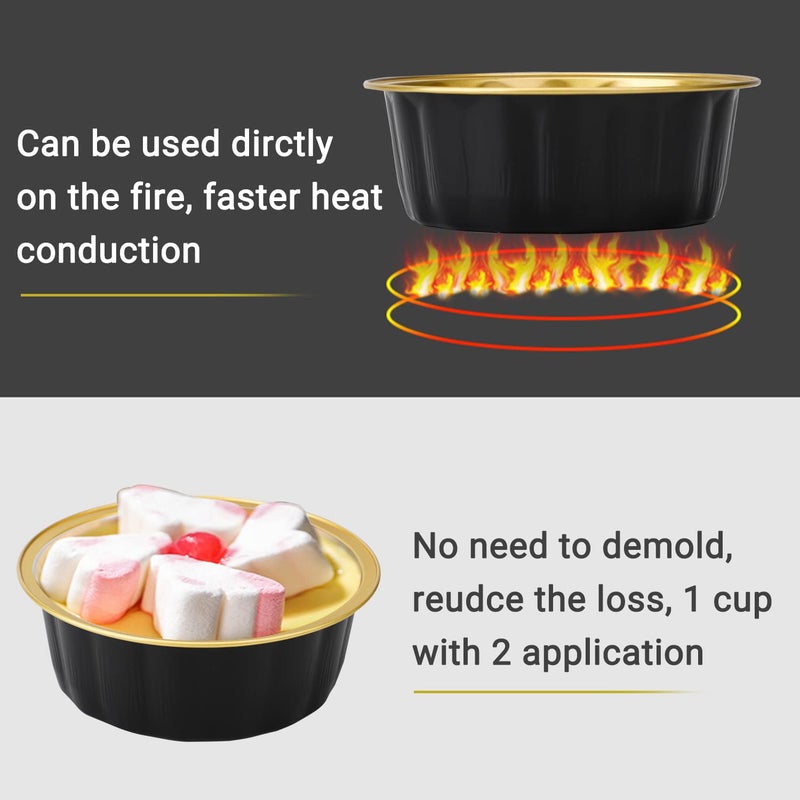 Beasea Disposable Ramekins with Lids, 8 oz 50 Pack Black Gold Aluminum Foil Cups, Disposable Creme Brulee Muffin Cupcake Baking Cup Mini Pudding Cups for Party Wedding Birthday - Image 3